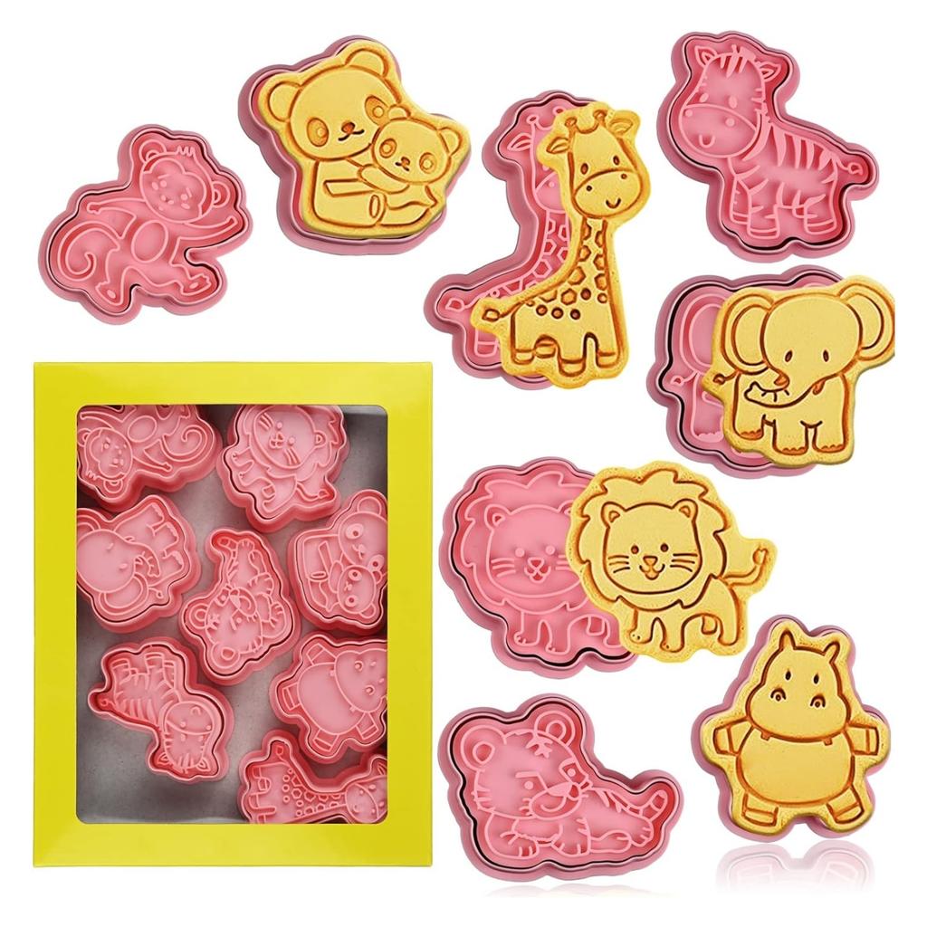 Pet 3D Cookie Cutter Set of 8 - Animal Shapes Biscuit Stamp Molds with Plunger, Embossing Baking Tools for Fondant Cheese Cookies, Pink