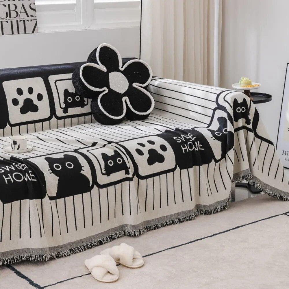 Мягкие диванные полотенца с принтом кошек и цветов, покрывала для кемпинга, пикника, анти-кошачье полотенце, черный, белый цвет, хлопковый защитный коврик для дивана