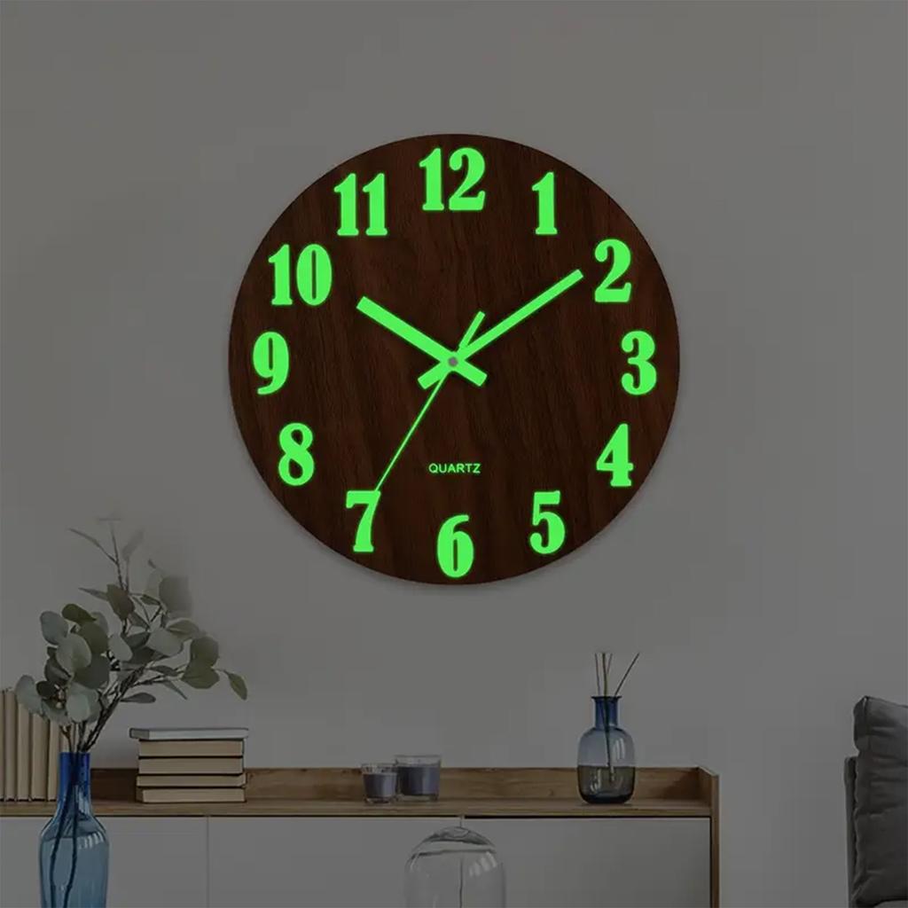 Wooden Simple Luminous Wall Clock 12 Inch Round Clock Durable Analog Clock for Living Room Bedroom Office Decor