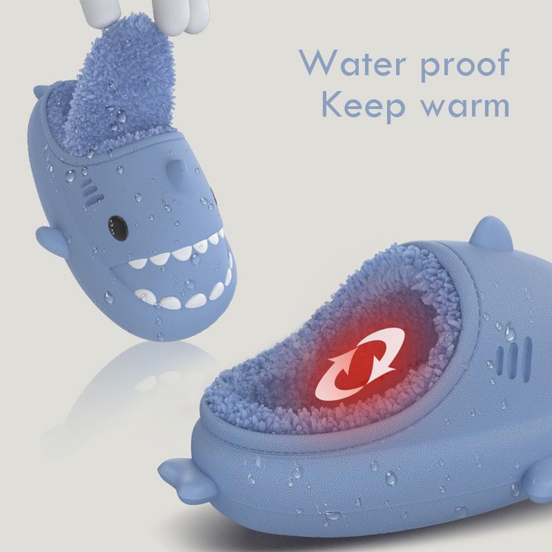 Модные тапочки с изображением акулы из мультфильма, домашние хлопковые тапочки для пар, водонепроницаемые, мягкие, плюшевые, теплые, зимние туфли для женщин и мужчин на платформе, хлопковые туфли