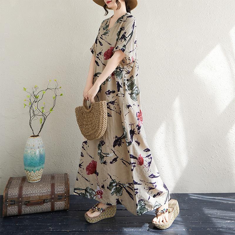 DIMANAF 2025 Лето Большой Размер Новое Платье Пляжное Повседневное Базовое Свободное V-образный вырез Женское Винтажный Принт Длинное Платье Макси