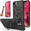 Case for iPhone 14 - Black - 360° Swivel Kickstand - 2 Tempered Glasses - Camera Protection