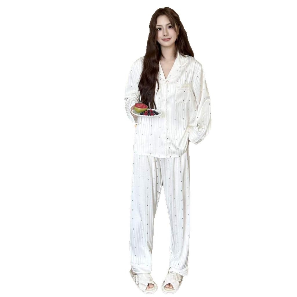 1011 New Ice and Snow Silk Pajamas Women's Spring and Autumn Simple and Fresh Loungewear Long Sleeve Korean Suit