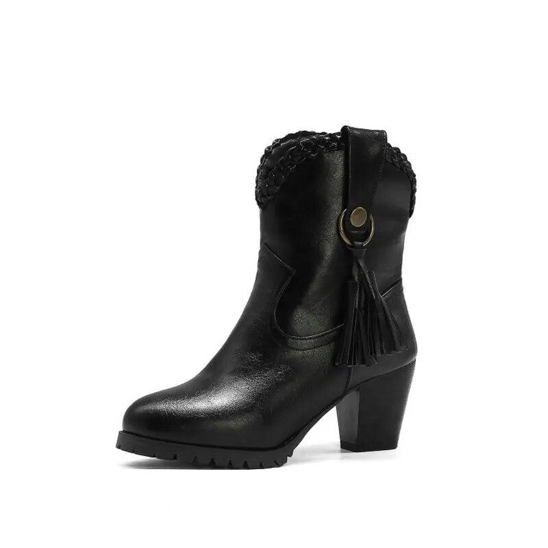 Retro Round Toe Chunky High Heels Brown Womens Boots With Tassel Extra Plus Size 46 47 47 Luxury Woman Shoes Ankle Boots