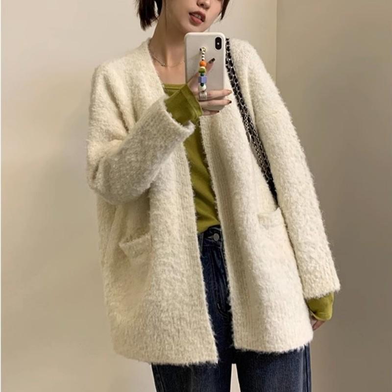 Women's Autumn Winter Basic Knitted Cardigan Sweater Solid Color Long Thick Warm Sweater Casual Jacket With Pockets