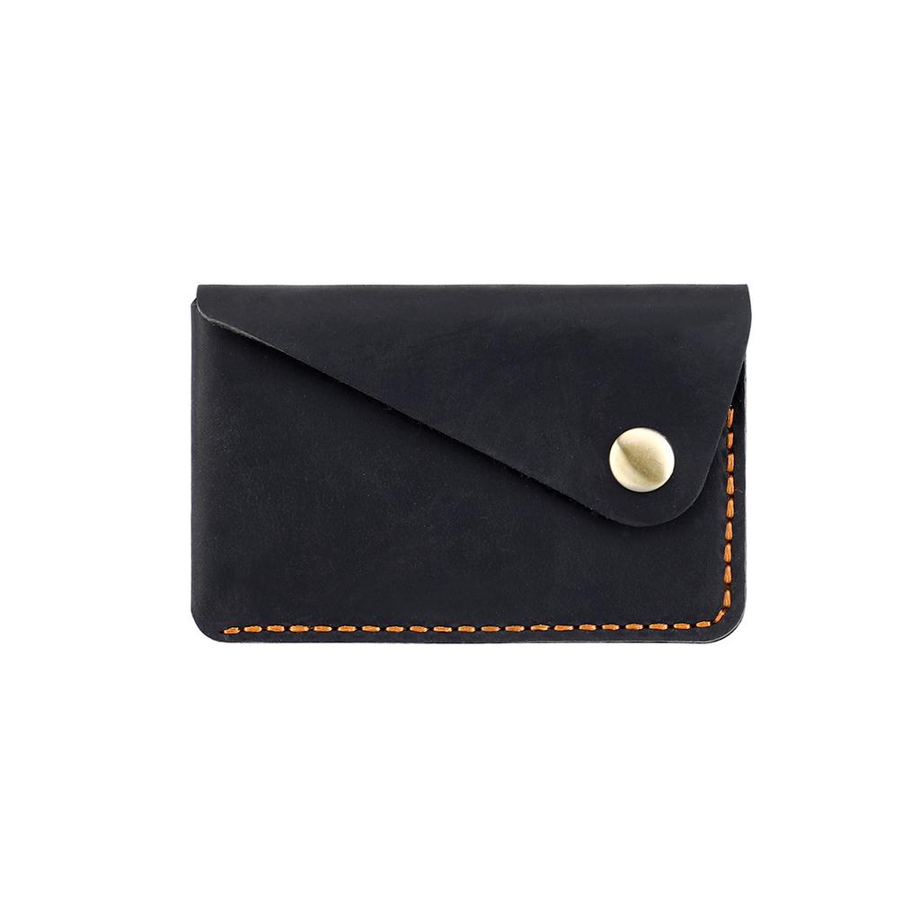 Retro Handcrafted Crazy Horse Leather Envelope Card Holder, Vintage Genuine Leather Slim Card Wallet with Snap Button for Men