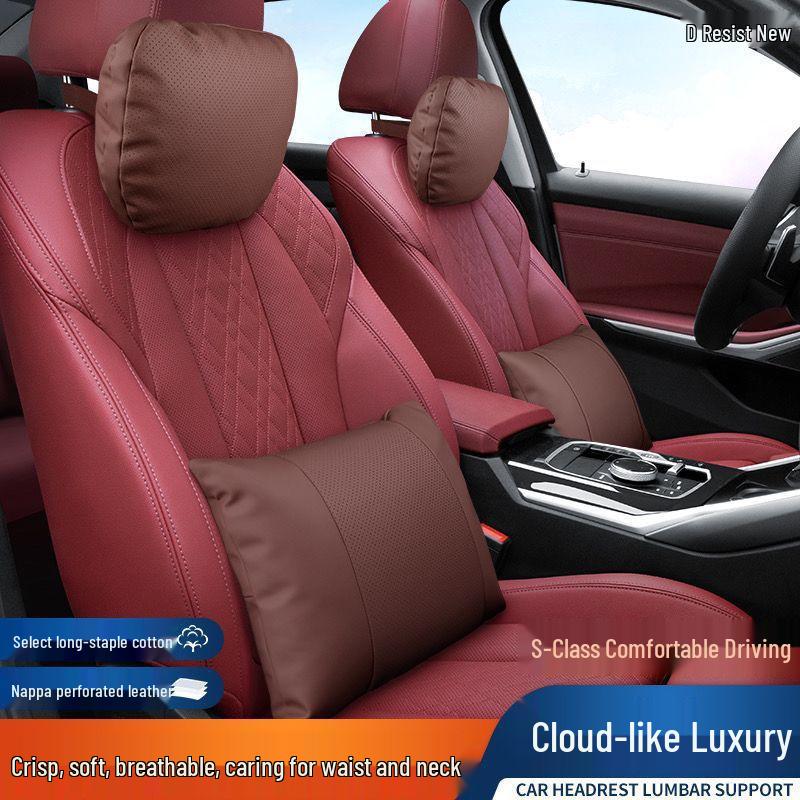 Genuine Leather Headrest & Lumbar Support Pillow for Mercedes, BMW, Volkswagen, Toyota Cars