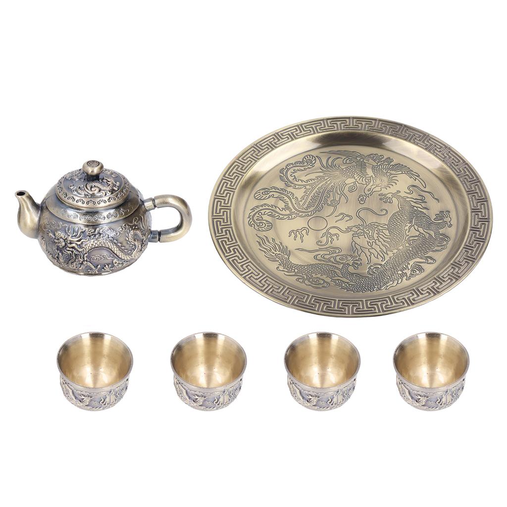 Tea Pot Vintage Exquisite Metal Luxurious Relief Pattern Moroccan Tea Set with Cups Plate for Table