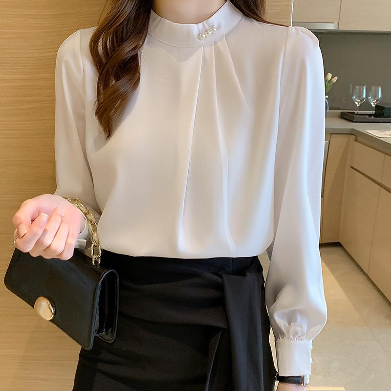 Women's Satin Chiffon Shirt - Stylish Long Sleeve with Beaded Detailing, 2023 Spring Design.