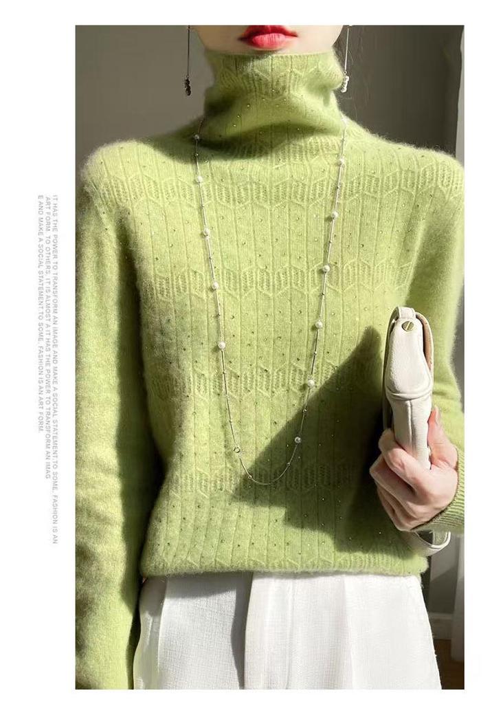 Women's Rhinestone High Neck Wool Knitwear: New Autumn/Winter Slimming Cashmere Sweater