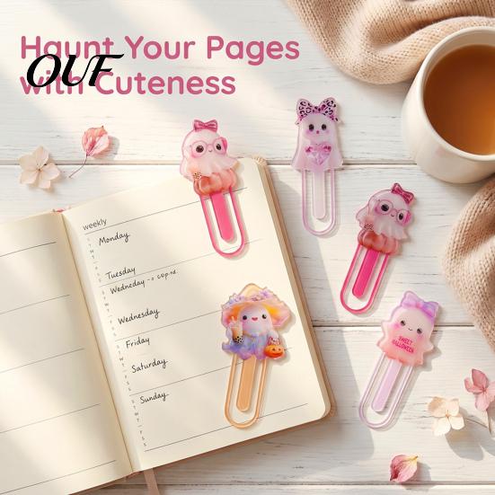 Student Study Essentials Halloween Cute Acrylic Bookmark, Durable Cartoon Page Marker, Portable Book Holders for School Elastic Clip Design Stationery