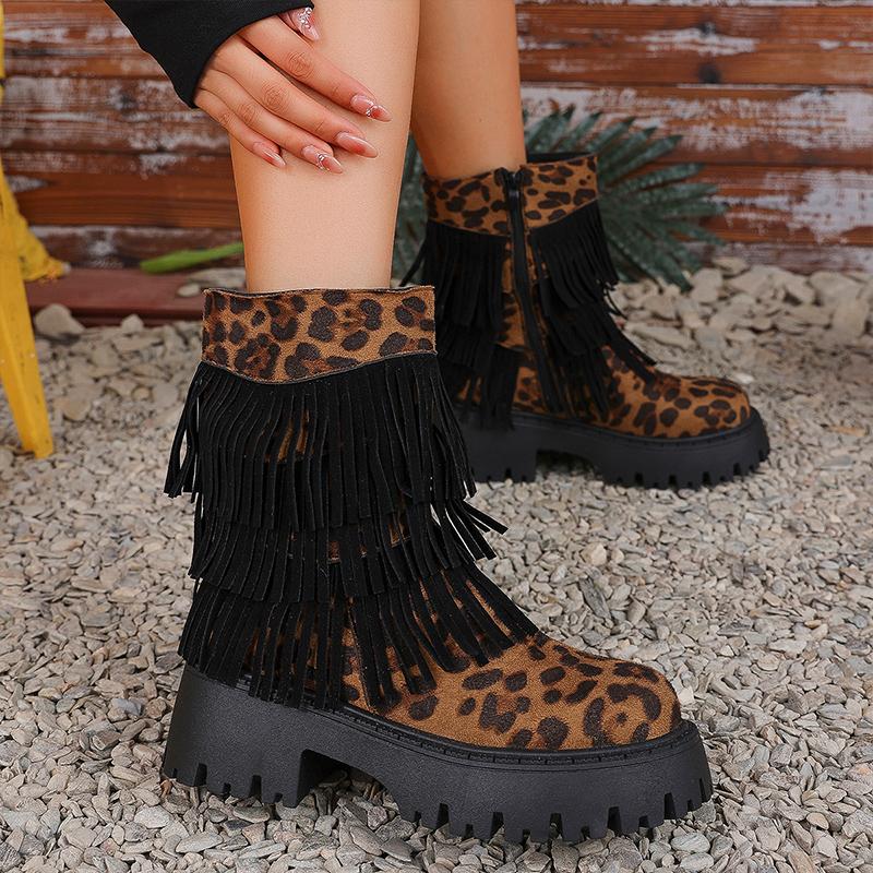 Fashion Leopard Fringe Platform Ankle Snow Boots High Heels Shoes 2025 Trend Winter New Zipper Fashion Chelsea Boots Pumps Mujer Botas