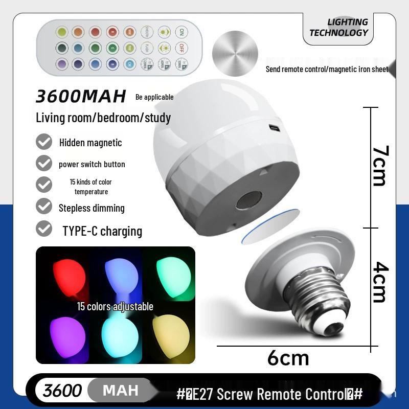 Беспроводная RGB LED лампочка с магнитом и зарядкой Type-C для дома, кемпинга и использования на открытом воздухе