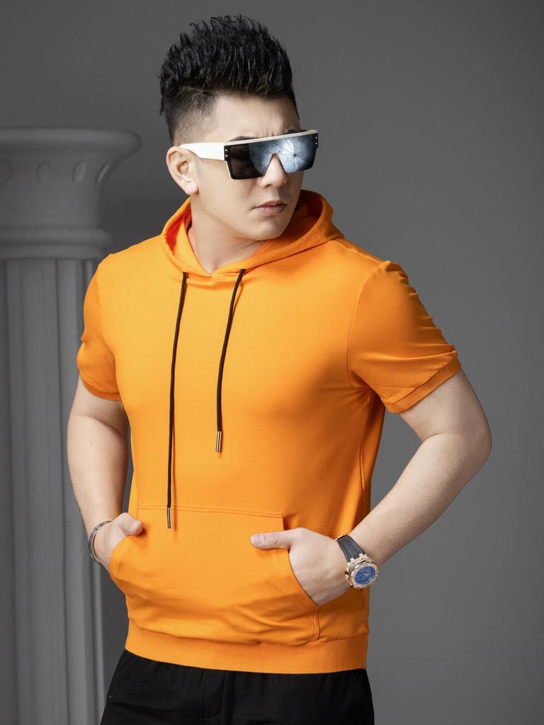 European-Style Solid Color Hooded Short-Sleeve T-Shirt for Men, Summer Trendy Slim-Fit Half-Sleeve Hooded Sweatshirt, Sports Casual Hoodie