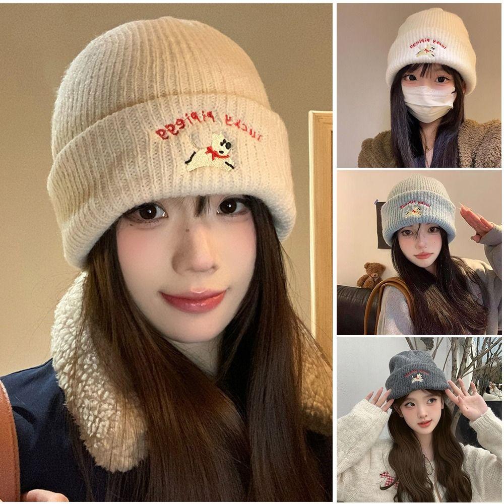 Cute Puppy Embroidery Winter Knitted Hat Thicken Winter Warm Beanie Cap Windproof Soft Crochet Bonnet Hat