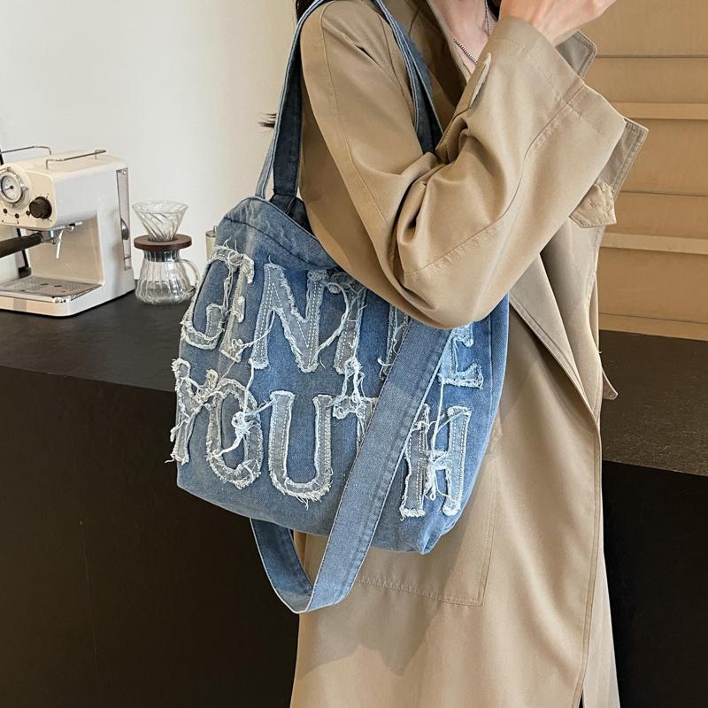 Джинсовая сумка-тоут, женская сумка через плечо с буквенным принтом, большая вместительная портативная сумка через плечо