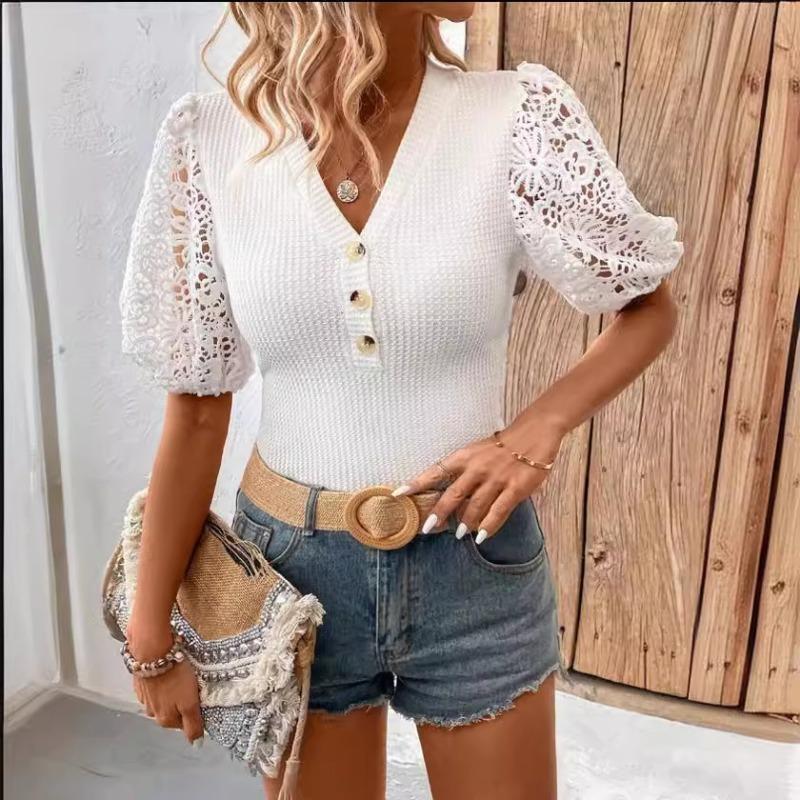 New Fashion Vintage Lace Short Sleeve V-neck Shirts Women Summer Tops Elegant Slim Fit Casual Loose Blouse Women Solid Hollow Out Female Shirt 26547