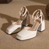 2025 New French Black Square Head Waterproof Table High Heels Women's One-word Buckle Strap Thick Heel Single Shoes Bag Head Sandals