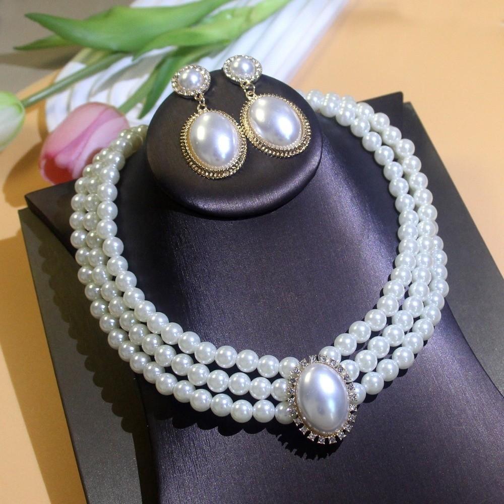 Multi-Layers Bridal Jewelry Set White Wedding Choker Necklace Pearl Necklace Earrings Set Women