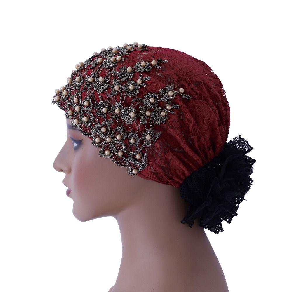 Beaded Glittery Finish Head Wrap Lace Embroidered Chemo Cap Comfortable Headscarf Daily Wear