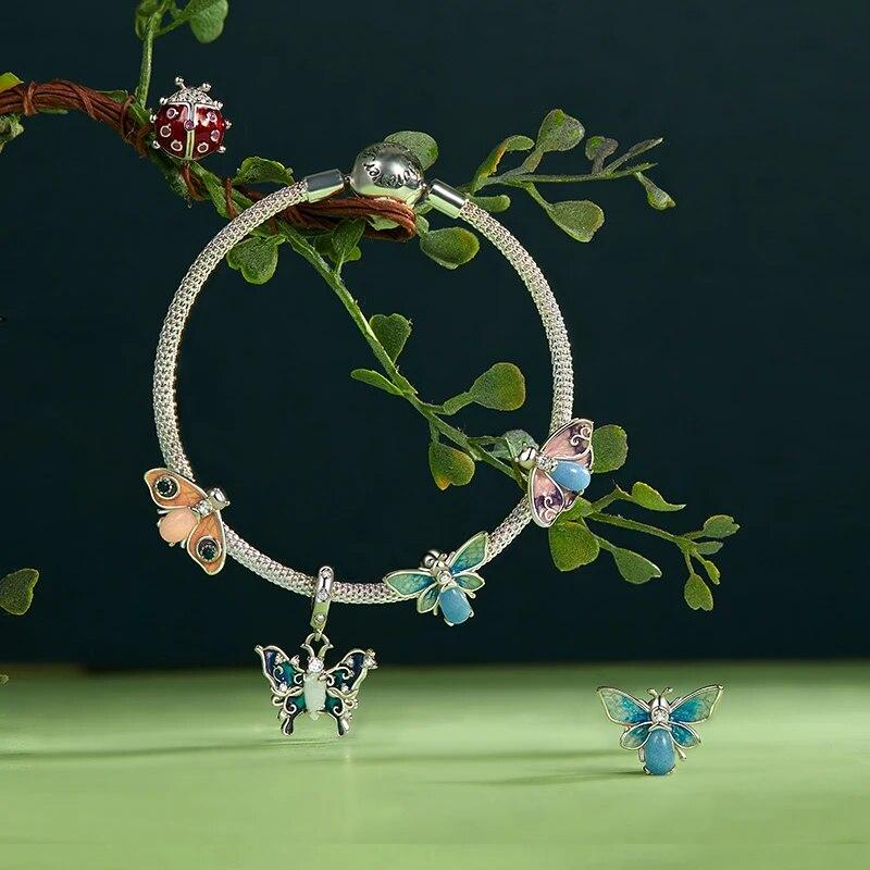 Bamoer 925 Sterling Silver Luminous Butterfly Beads Rainbow Enamel Insect Pendant Charms for Women Bracelet DIY Accessories