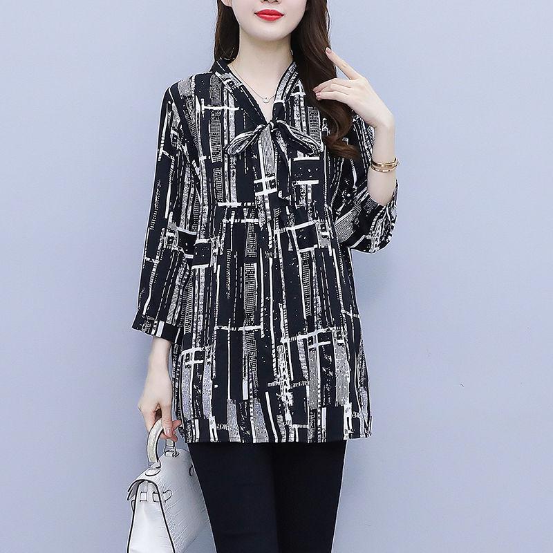 Стильная шифоновая блузка для матерей среднего возраста - Весна/Лето 2024, Свободный крой, Большой размер, Топ с рукавом 3/4