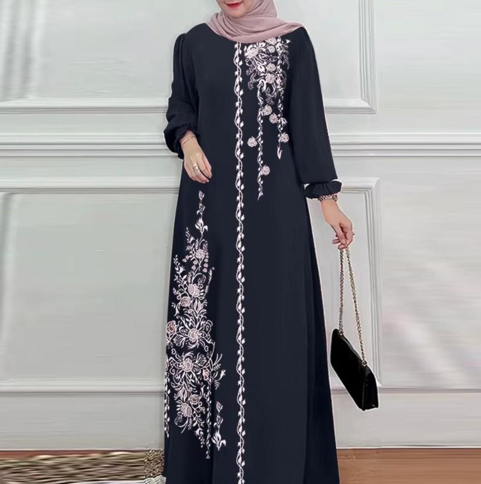 Long Sleeve Long Robes Abaya Women Muslim Fashion O Neck Casual Vestidos Loose Turkey Floral Printing Maxi Dress