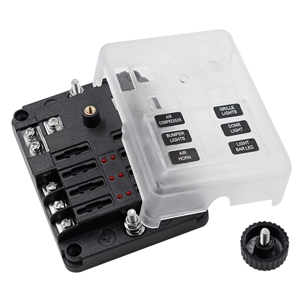 Waterproof 12 Volt Fuse Block, 6 Way with 6 Ground Negative Busbar[100 Amp Max] [ATC/ATO Fuses] [LED Indicator] [2 Spare Fuse Slots] for Car Boat Etc.