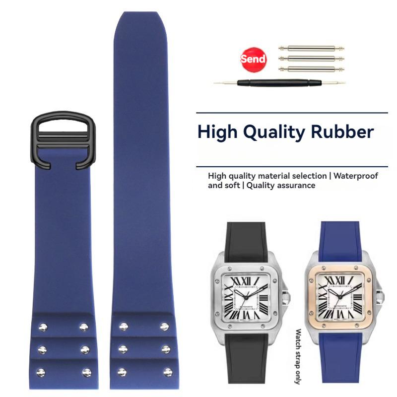 Высококачественный резиновый ремешок для часов Cartier Santos, ремешок для Santos 100 Series, черный, синий, водонепроницаемый браслет, ремень с раскладывающейся застежкой, 21 мм