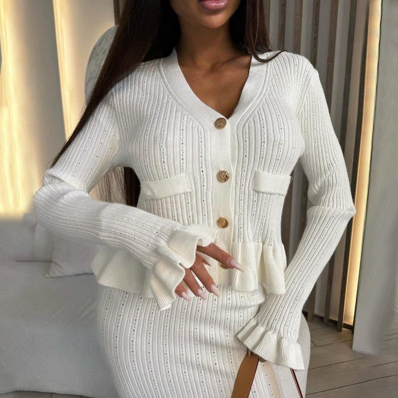 Ruffled Knitted Maxi Dress Women's Solid V-Neck Cutout Party Dress Elegant Patchwork Long Sleeve Female Knitwear Dress
