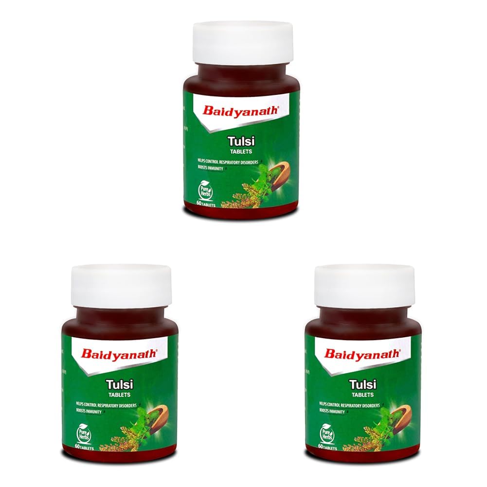 Baidyanath Таблетки Тулси 60 шт. (Пакет из 3) | Аюрведическая поддержка иммунитета и средство для укрепления здоровья дыхательной системы | Помогает естественно облегчить кашель и снять стресс