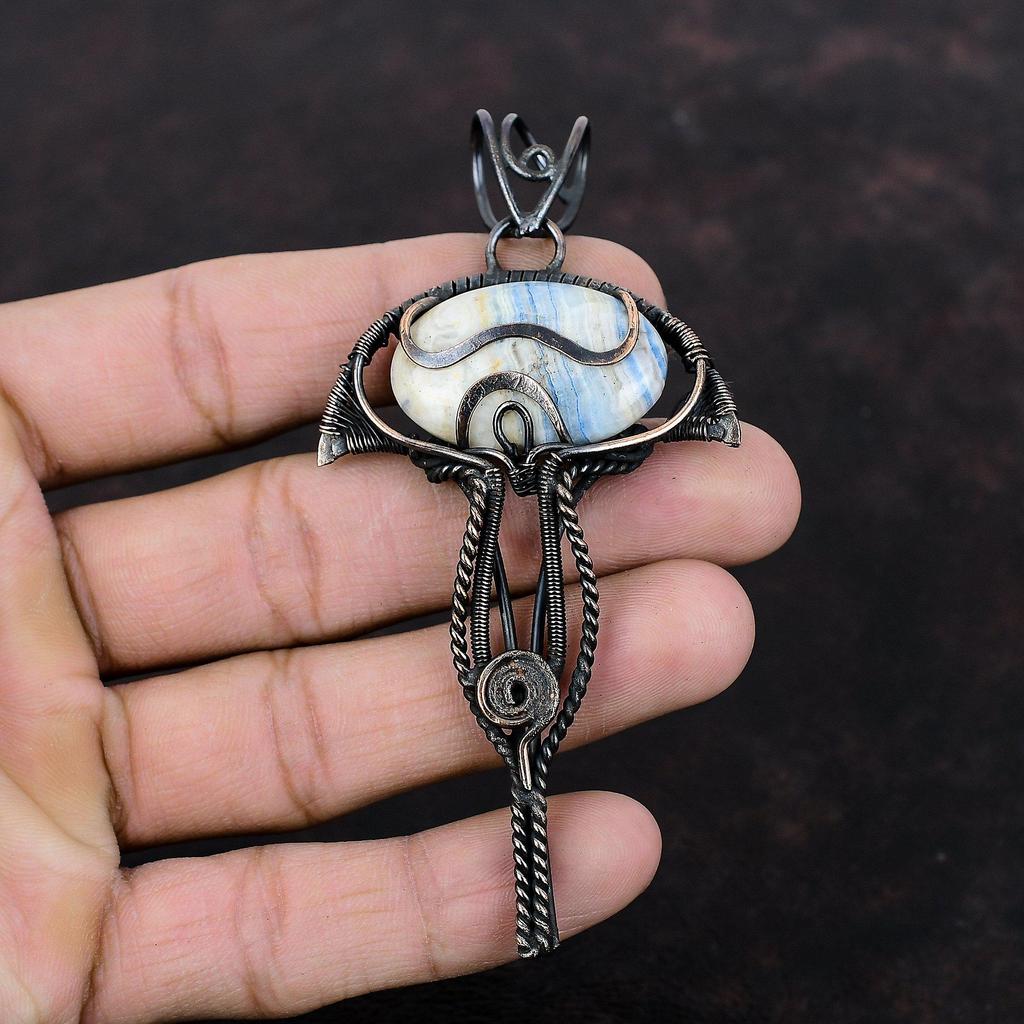 Голубой шеелитовый кулон, обернутый медной проволокой, красивое медное украшение, кулон с настоящим драгоценным камнем, ручная работа, обернутая проволокой, подарок для мамы