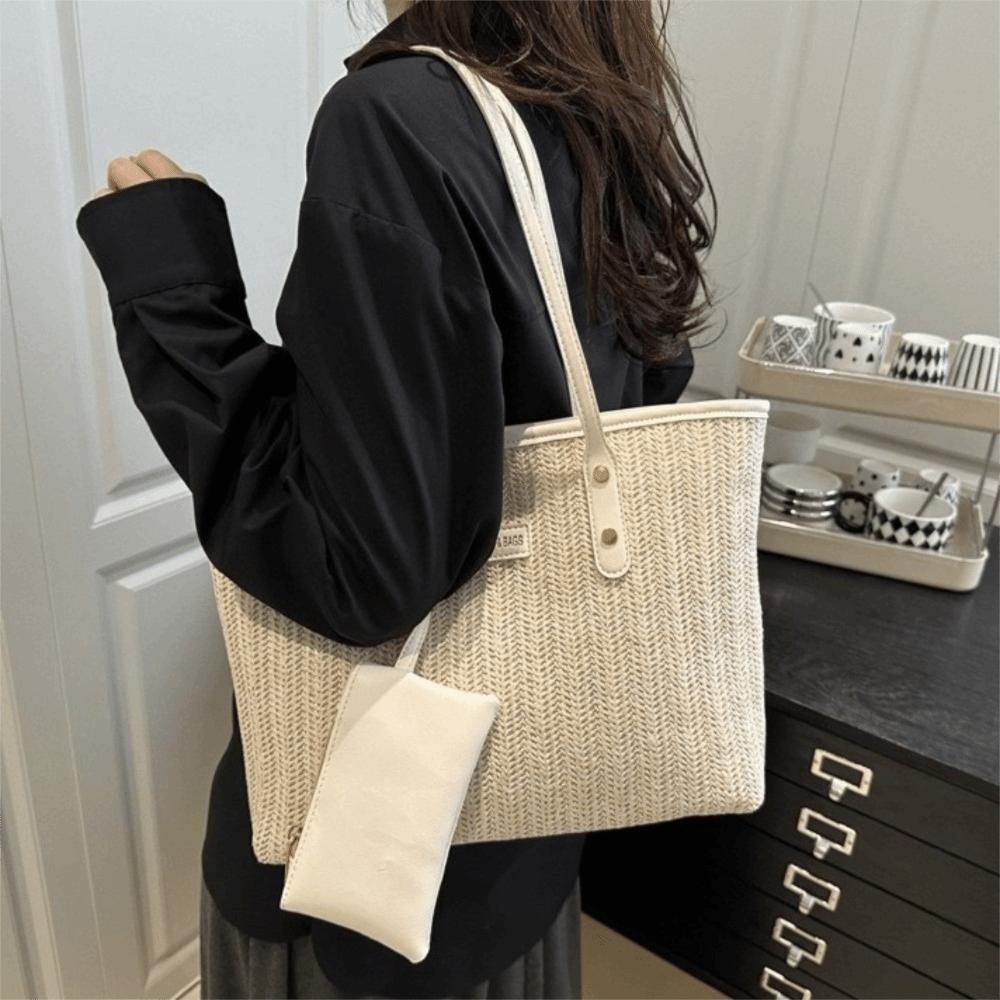 PU Weave Tote Bag Solid Color Beach Straw Handbag Simple Straw Shoulder Bag Women