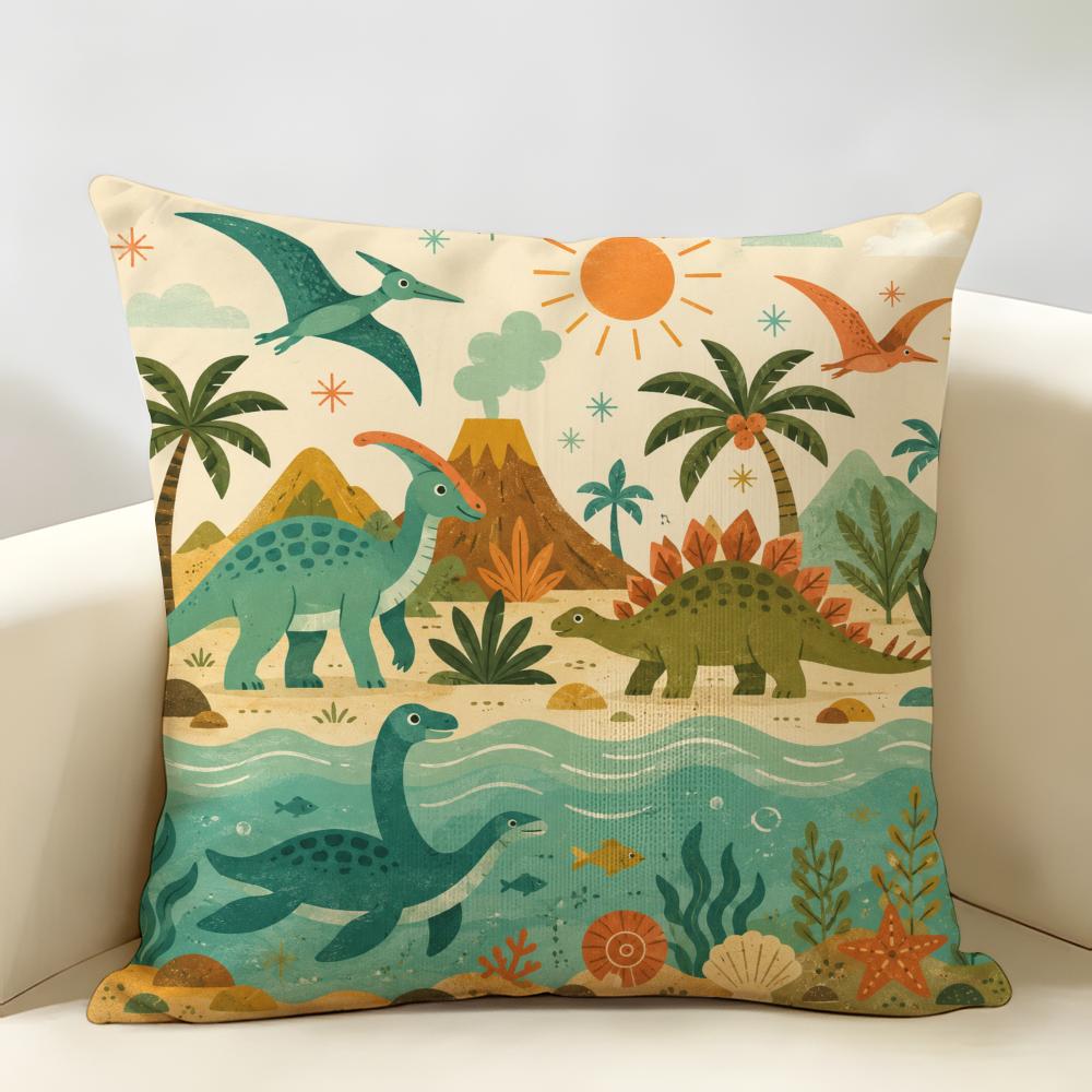 Dinosaur Retro Dino Cushion Cover Durable Hypoallergenic Organic Linen Pillow Cover Short Size Washable Skin-Friendly