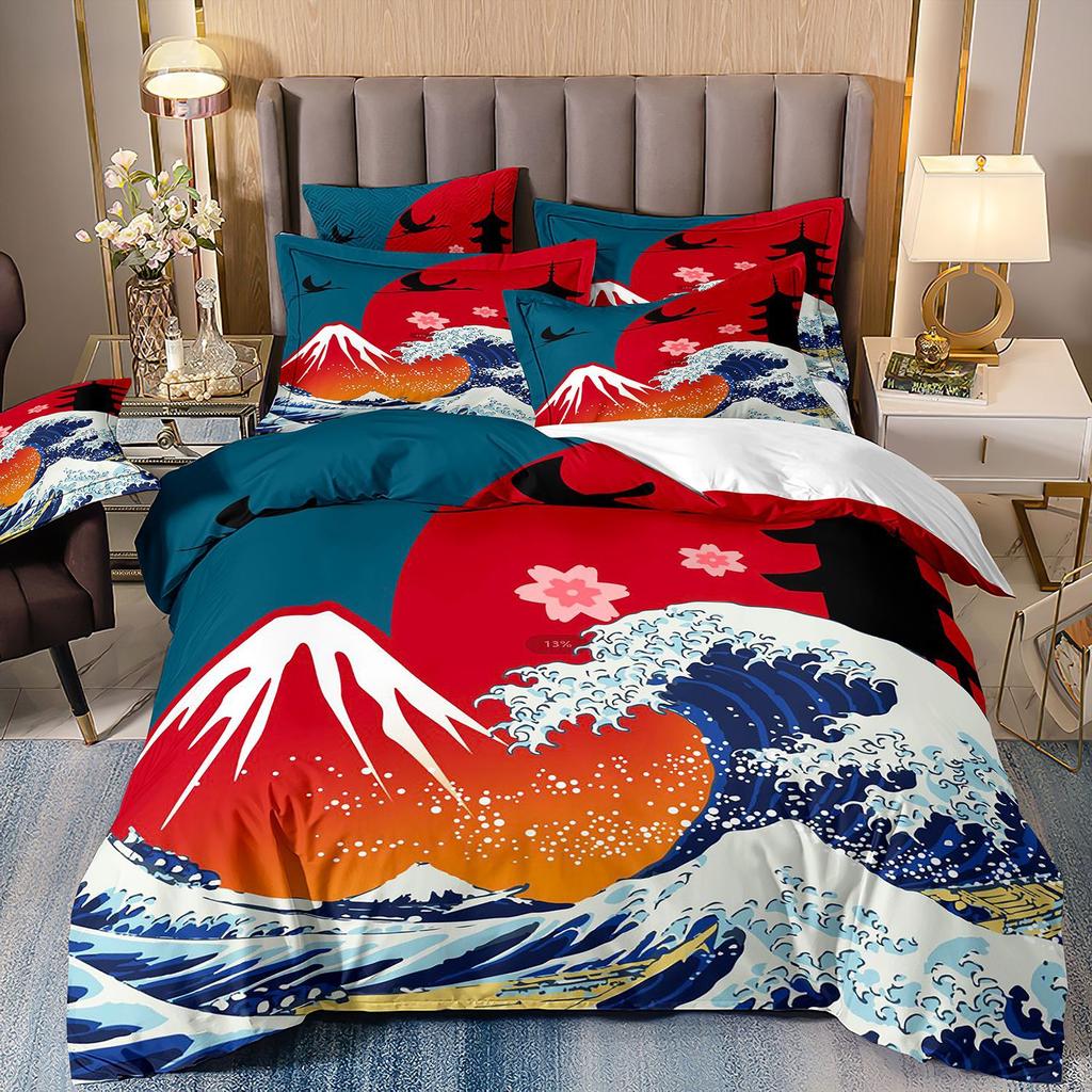 3D Three-Piece Ukiyo-E Painting Wave Flower Quilt Cover Digital Printing Bedding