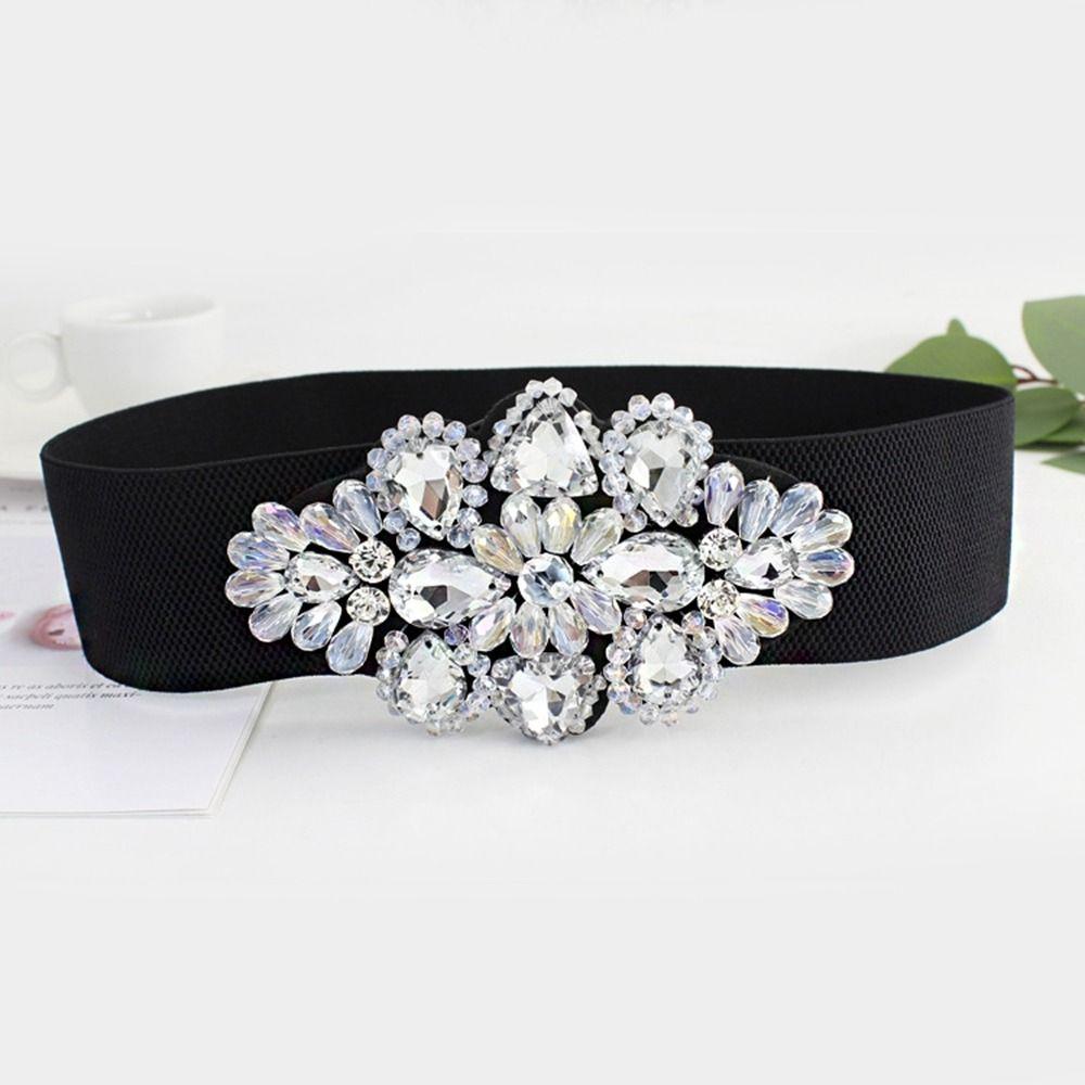 Wide Women Waistband Flower Rhinestone Waist Belt Personality Elastic Cummerbunds Jacket