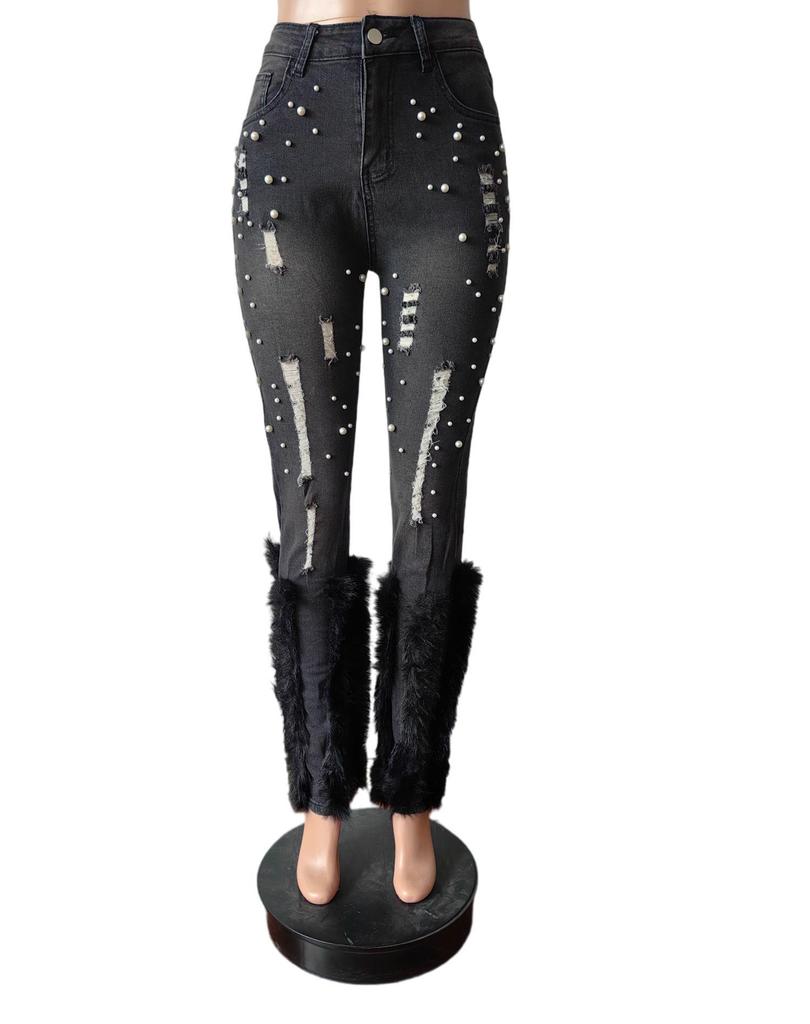 2024 Women's Versatile High-Waisted Distressed Pearl Feather Jeans - European and American Style