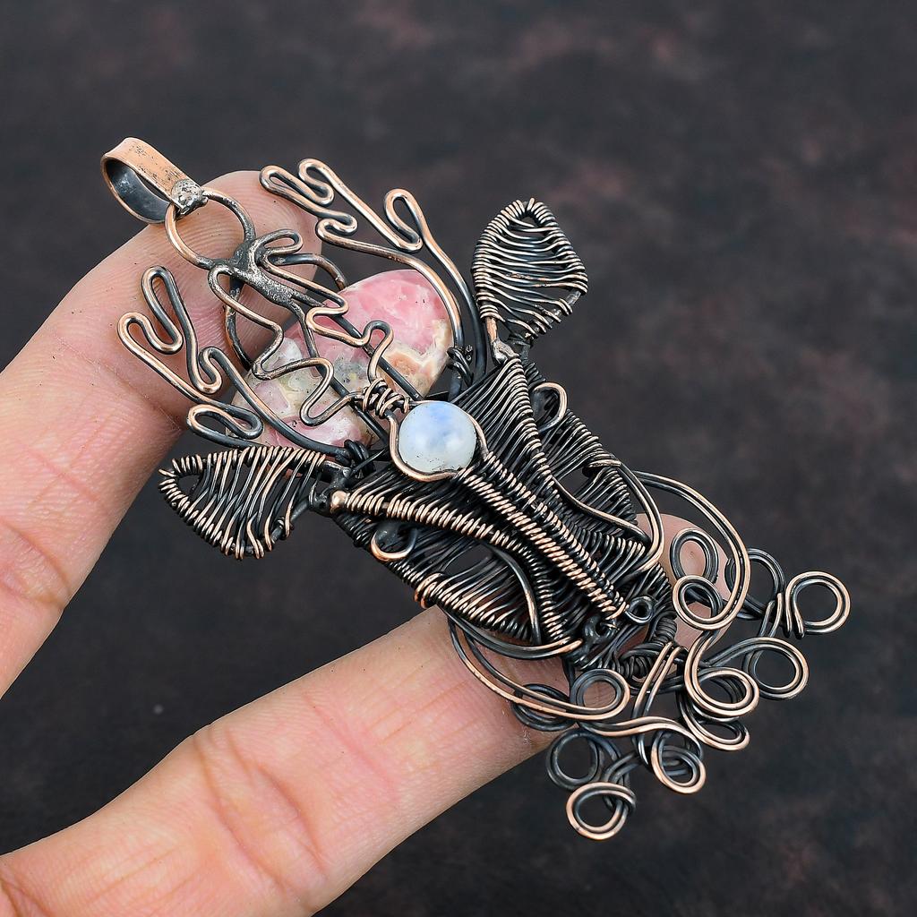 Подвеска из родохрозита, подвеска из радужного лунного камня, подвеска из медной проволоки, ювелирные изделия из драгоценных камней, подвеска в виде оленьей морды, подвеска ручной работы, подарок для нее