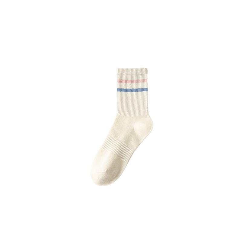 Female Spring and Autumn New Casual Stripe Sweat Absorption Breathable No Bone Anti Pilling Long Tube Cotton Socks