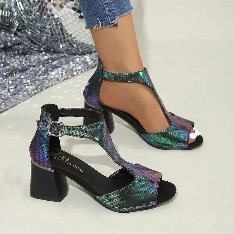 Модные женские босоножки на высоком каблуке с открытым носком, массивные туфли 2024 года, летняя мода, новые туфли для ходьбы, элегантные трендовые платья, женские туфли