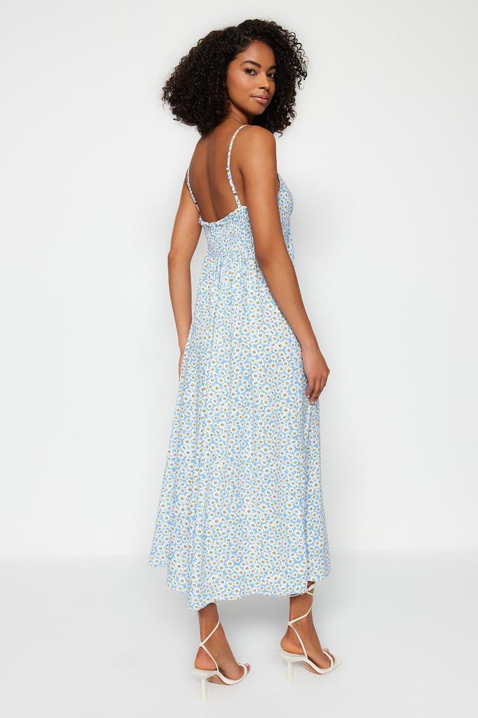 Женское модное синее тканое платье прямого кроя с цветочным узором, завязками и бретелями