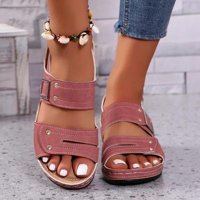 Распродажа Женская обувь Римские сандалии Повседневные сандалии с круглым носком Большие размеры Танкетка с пряжкой Ремешок Туфли