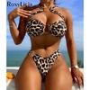 Леопардовый принт с металлическим кольцом, бикини со средней талией, женский купальник, женский купальник, комплект бикини из двух частей, купальный костюм для плавания