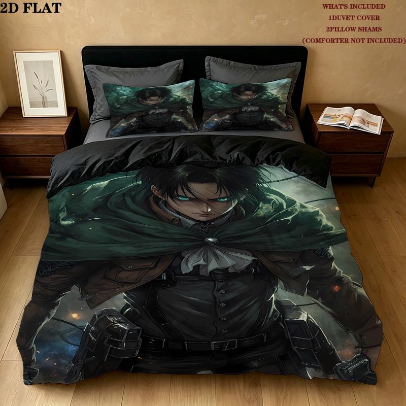 Attack Titan Pattern Bedding Quilt Set Quilt Cover Pillowcase Home Birthday Gift(1 * duvet cover + 2 * pillowcase, without core)