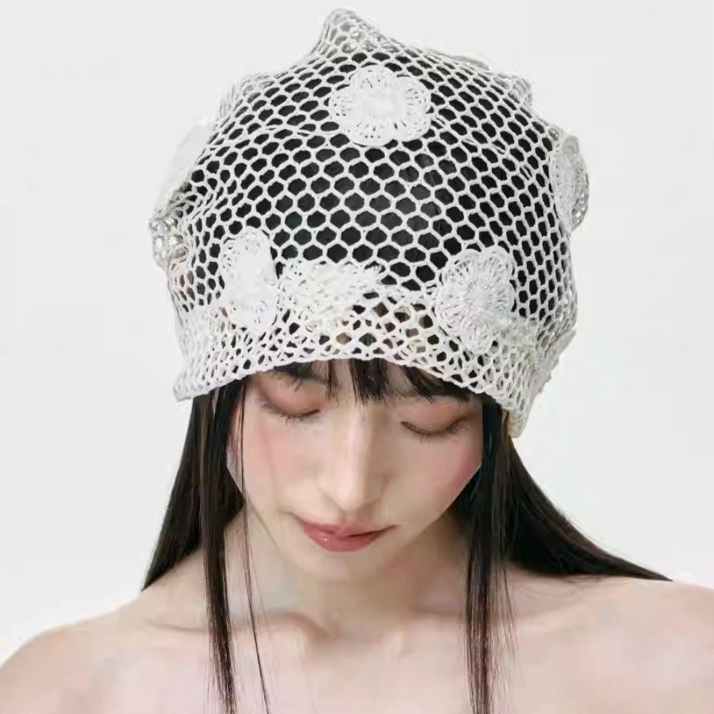 Cute Crochet Flower Hat Hollow Out Weave Cap Sweet Flower Knitted Hat Spring and Summer