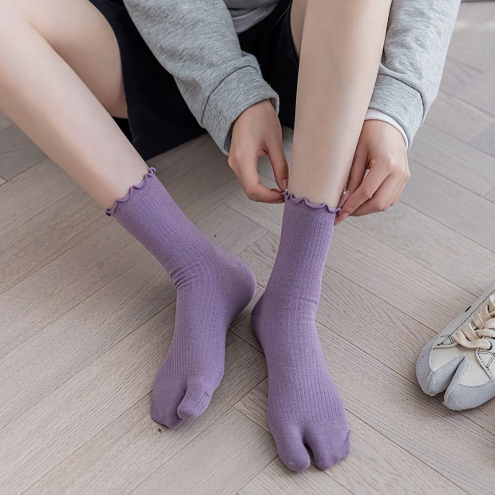 Candy Color Split Toe Cotton Ruffles Two Finger Socks Hosiery Two Toe Socks Middle Tube Socks