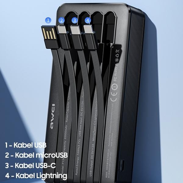 Awei Powerbank P134K 20000Mah Czarny/Black Wyświetlacz + Kable Usb/Pd/Lightning/Microusb