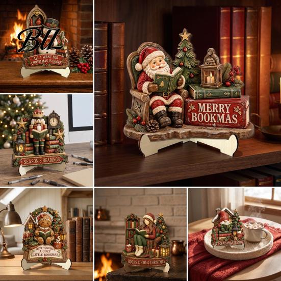 Holiday Tabletop Decorations 2D Flat Wooden Christmas Sign, Reading Gnome Nutcracker Snowman Santa Claus Ornaments Gingerbread Man Figurine,