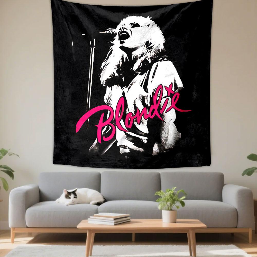 A white silhouette of a woman singing with pink "Blondie" text below. Patterned tapestry for bedroom and living room home decor