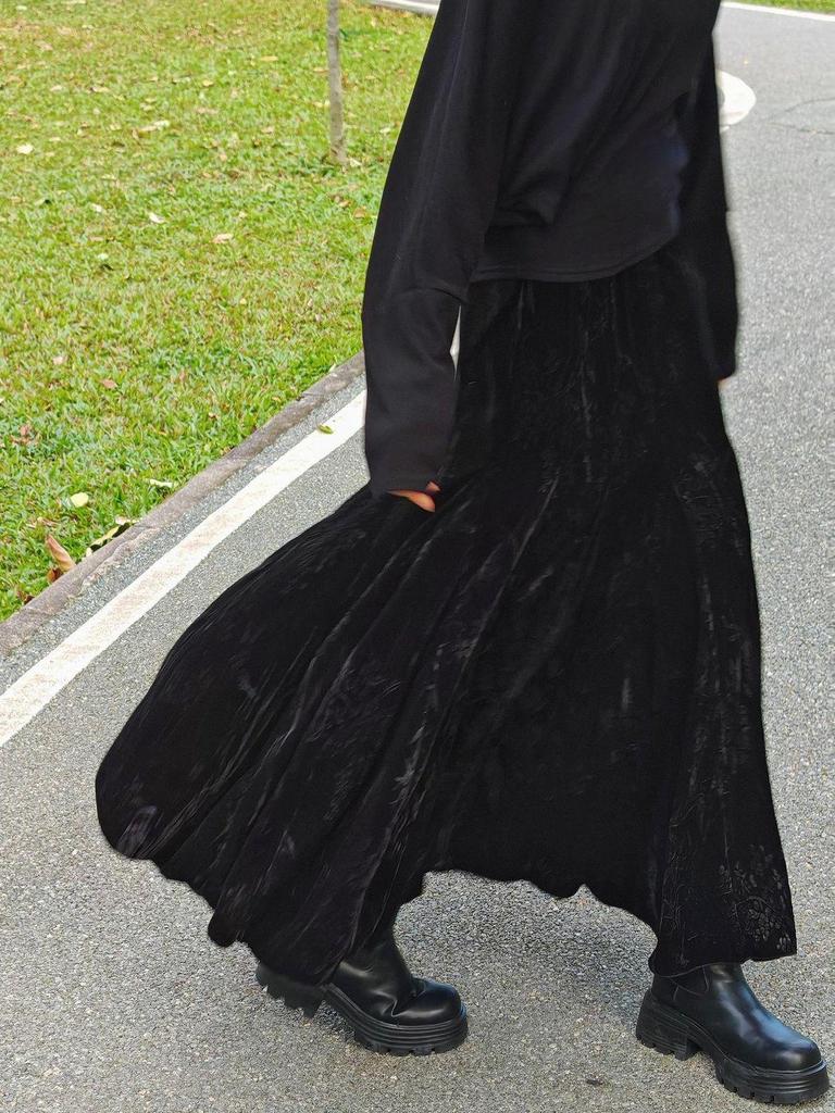 Элегантная темно-фиолетовая бархатная юбка-русалка с высокой талией - Стройнящий осенне-зимний стиль с широким подолом